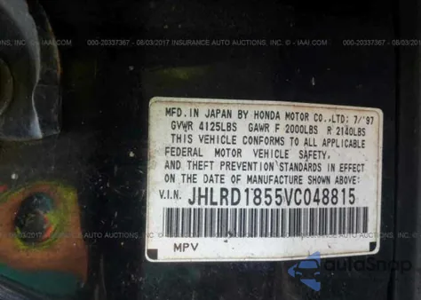 1997 Honda Cr-V Lx z USA, uszkodzony, nr VIN JHLRD1855VC048815